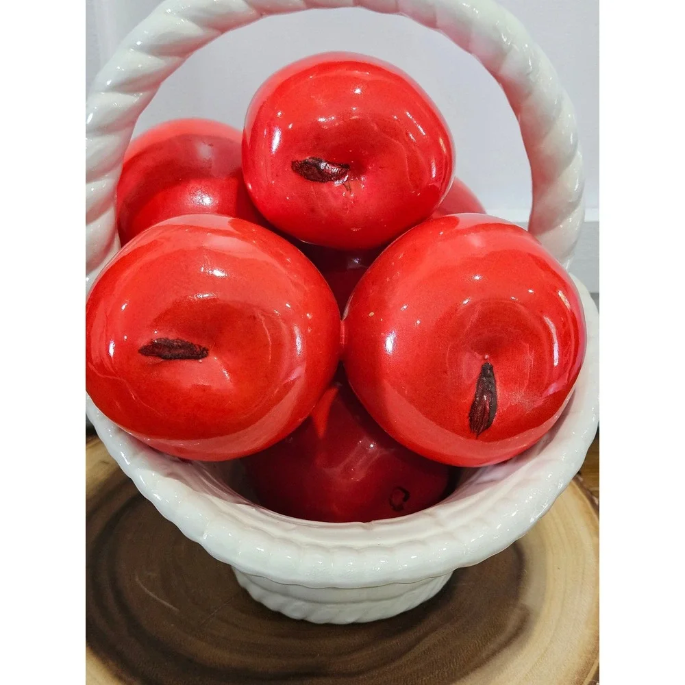 VTG Farmhouse Ceramic Red Apple Cottagecore Basket Decor White Basket